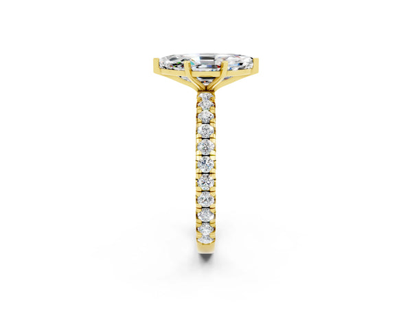 Yellow gold Marquise Cut Moissanite Pavé Solitaire Ring with Round Band and Prong Setting