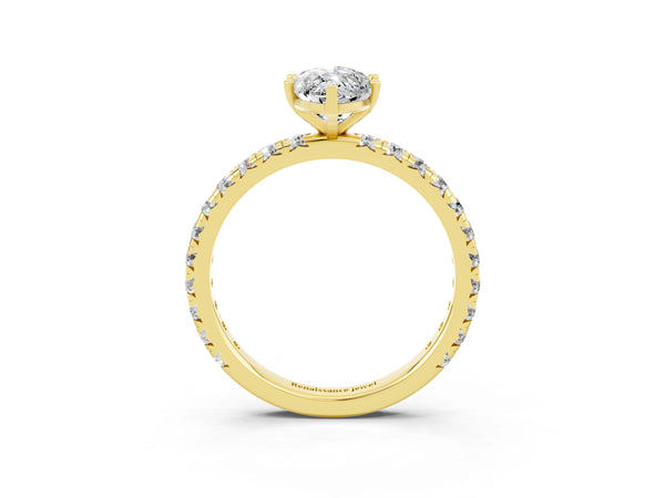 Yellow gold Marquise Cut Moissanite Pavé Solitaire Ring with Round Band and Prong Setting