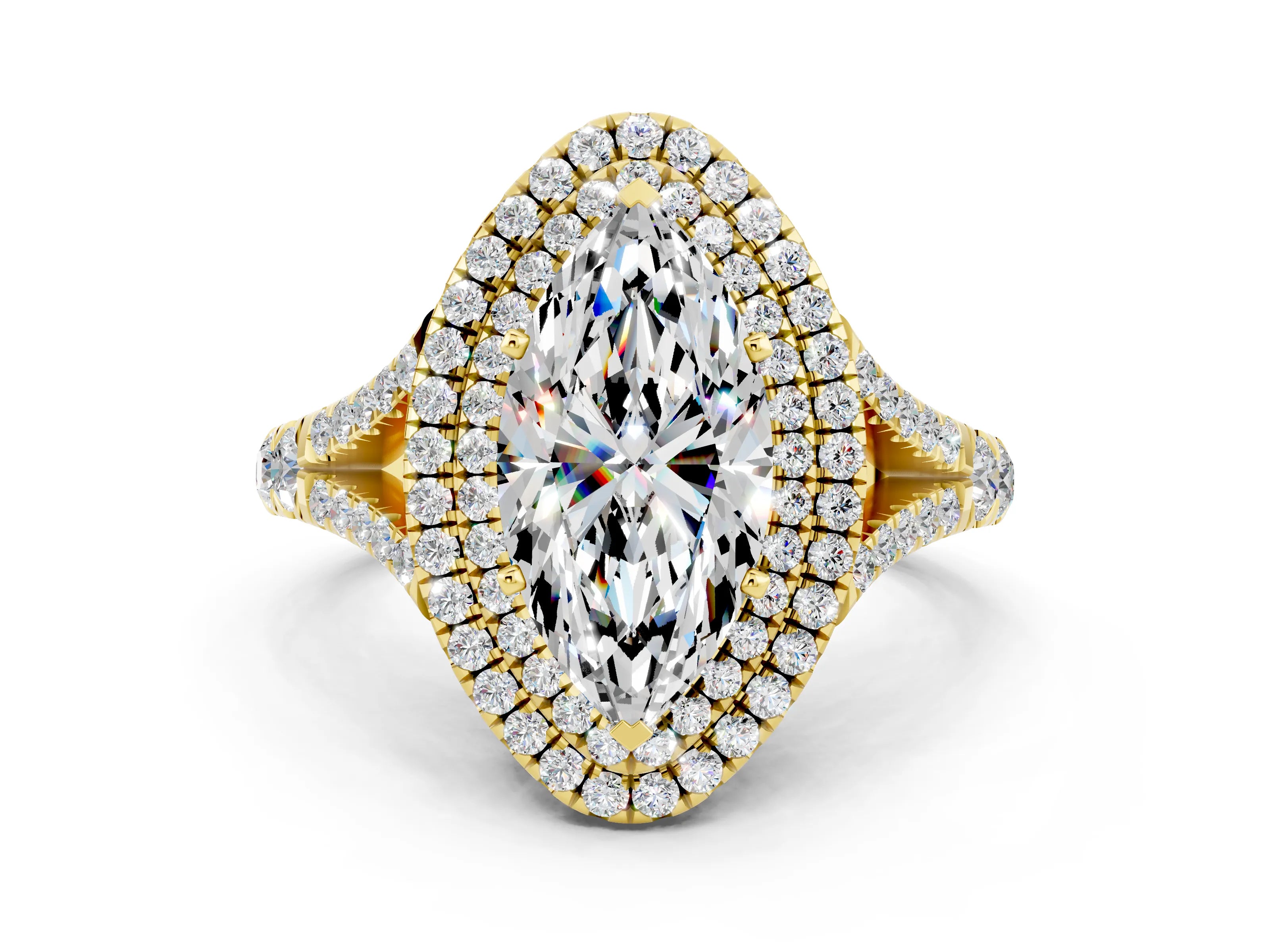 Yellow gold Marquise Cut Moissanite Pavé Split Shank Double Halo Engagement Ring