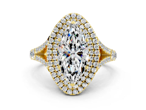 Yellow gold Marquise Cut Moissanite Pavé Split Shank Double Halo Engagement Ring