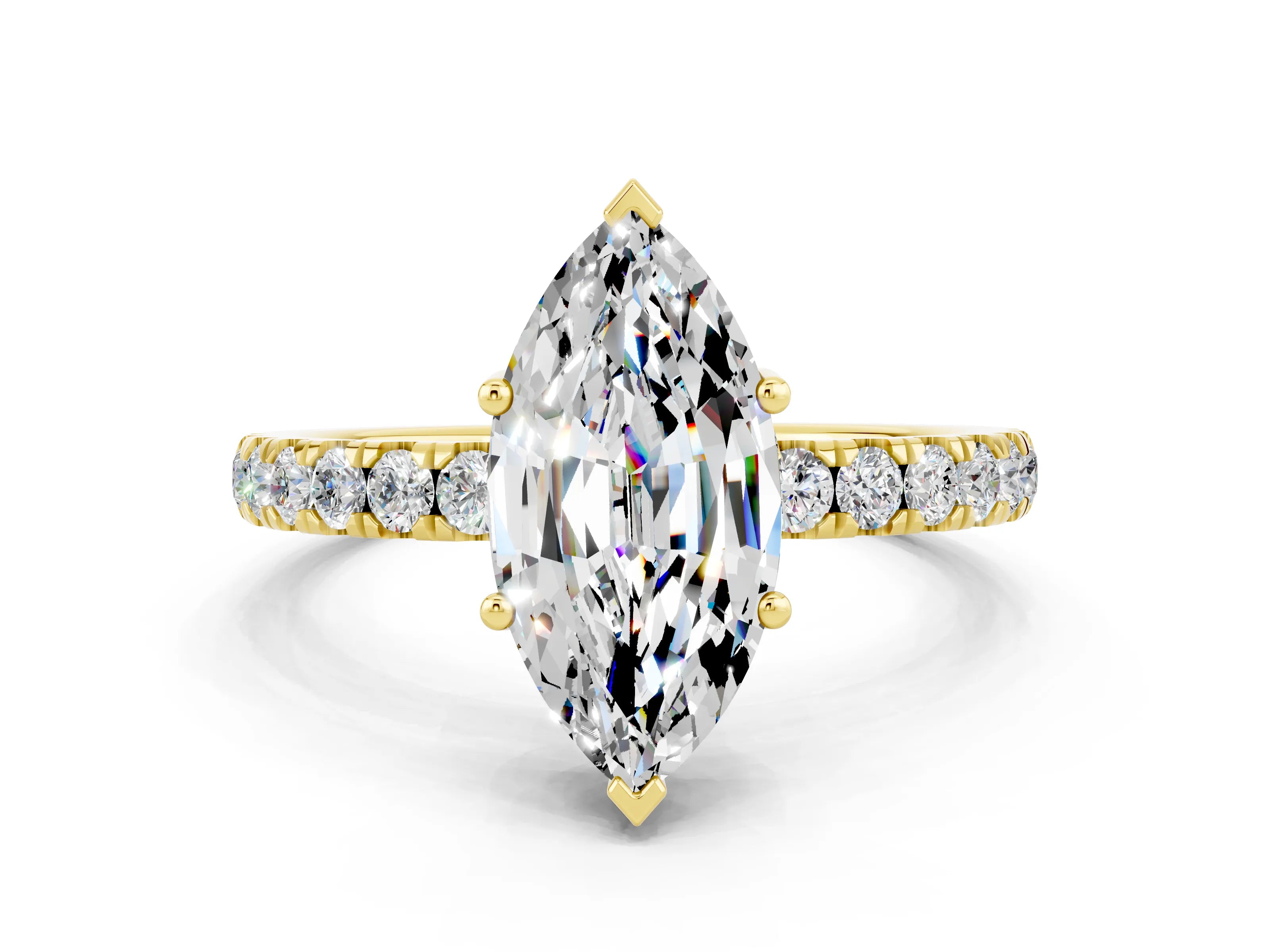 Yellow gold Marquise Cut Moissanite Pave Band Solitaire Ring with Four-Prong Setting_24