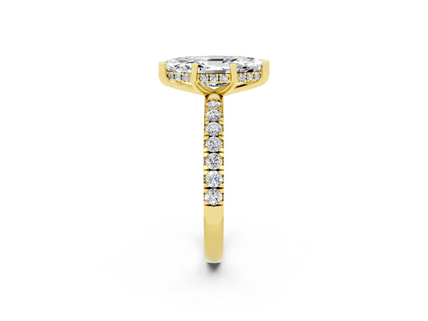 Yellow gold Marquise Cut Moissanite Pave Band Solitaire Ring with Round  and Prong Setting