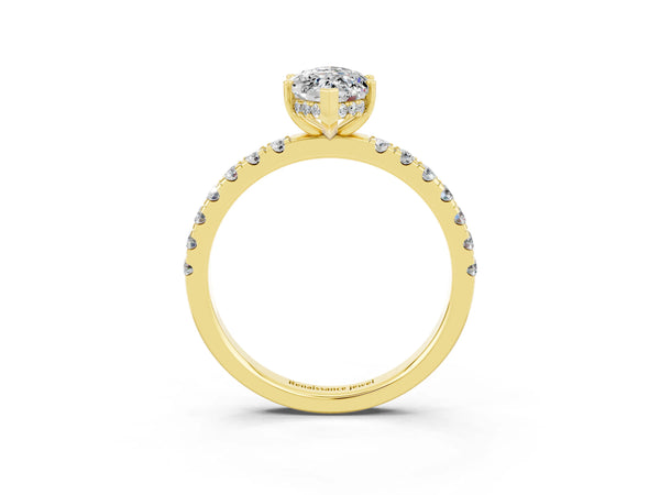 Yellow gold Marquise Cut Moissanite Pave Band Solitaire Ring with Round  and Prong Setting
