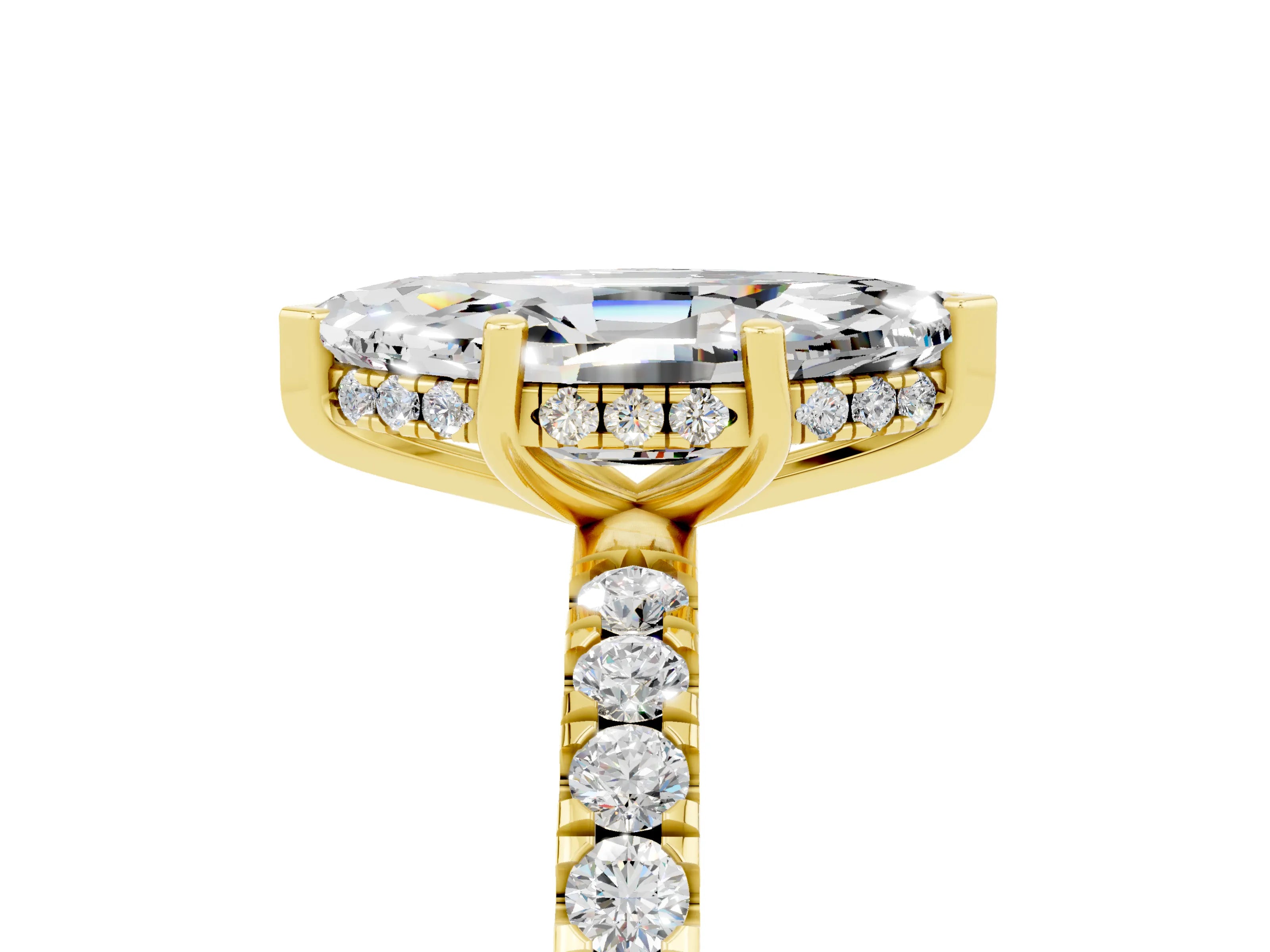 Yellow gold Marquise Cut Moissanite Pave Band Solitaire Ring with Four-Prong Setting_29