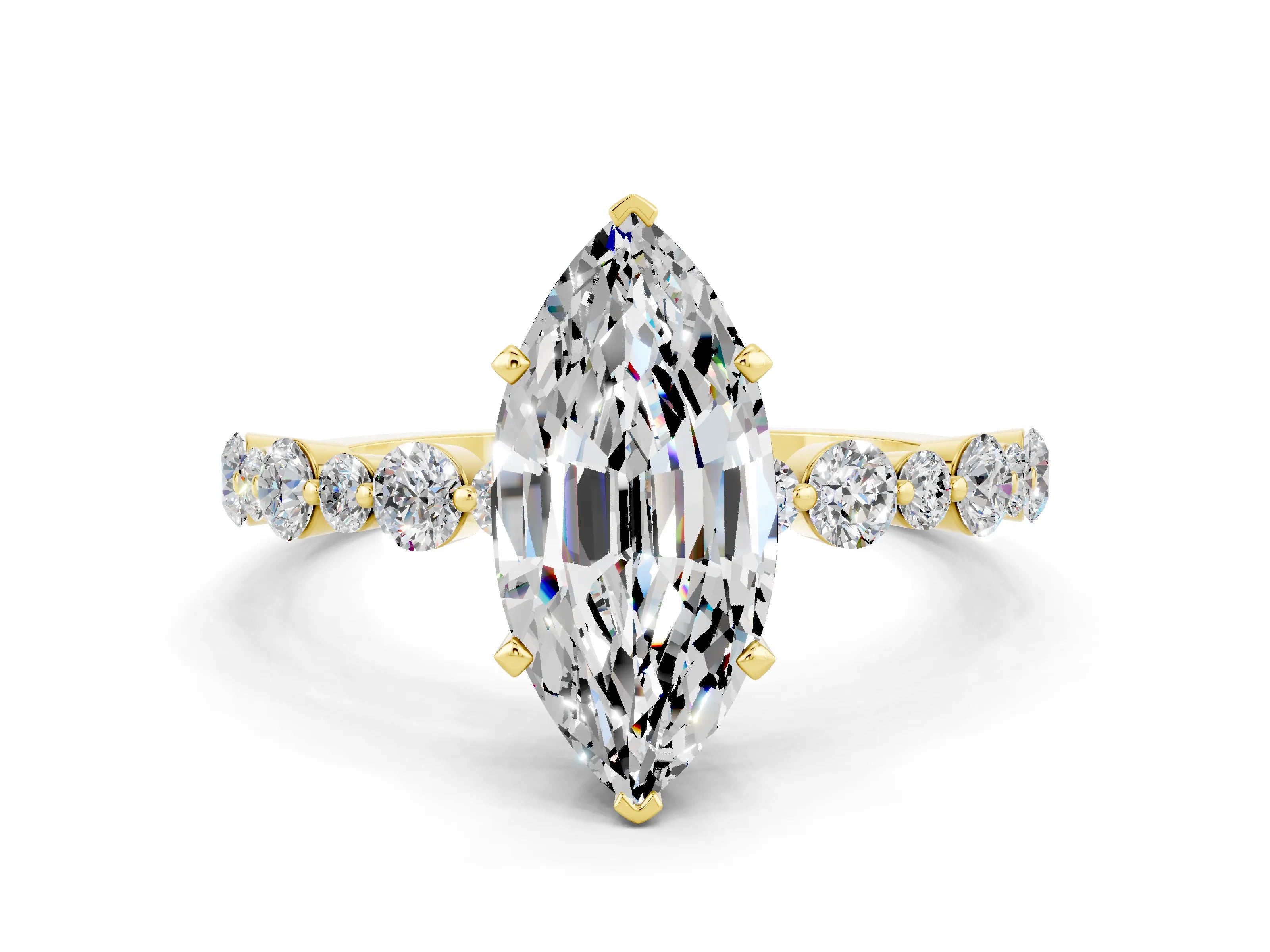 Yellow gold Marquise Cut Moissanite Prong Set Engagement Ring with Pavé Band