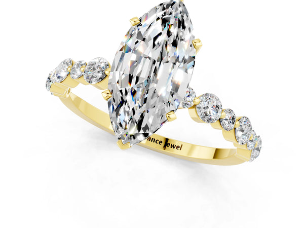 Yellow gold Marquise Cut Moissanite Prong Set Engagement Ring with Pavé Band