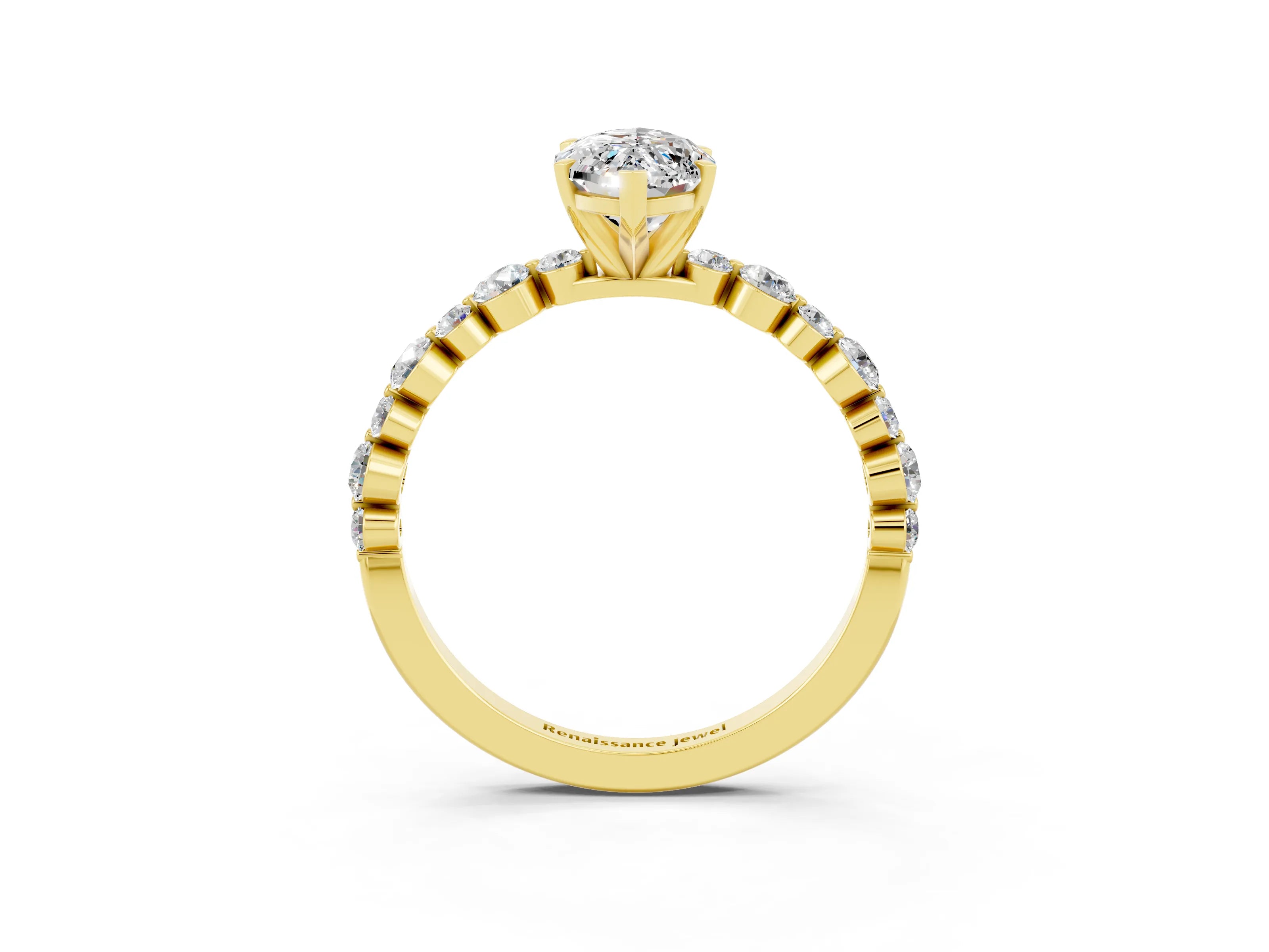 Yellow gold Marquise Cut Moissanite Prong Set Engagement Ring with Pavé Band_3