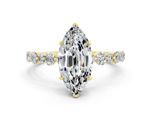 Yellow gold Marquise Cut Moissanite Prong Set Engagement Ring with Pavé Band