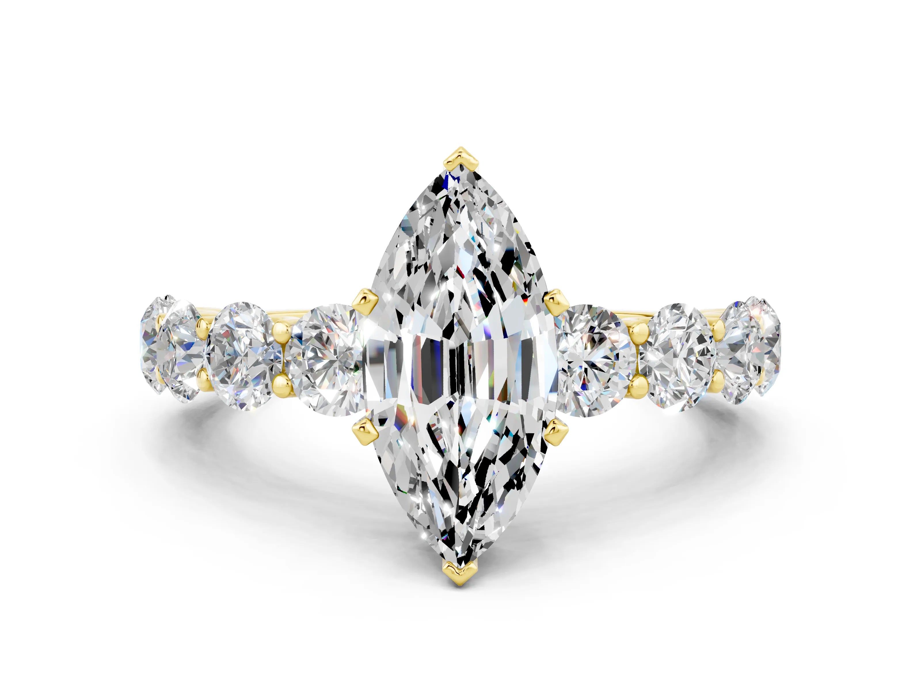 Yellow gold Marquise Cut Moissanite Prong Setting with Side Stones on a Pave Band