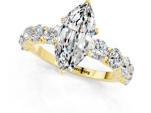 Yellow gold Marquise Cut Moissanite Prong Setting with Side Stones on a Pave Band