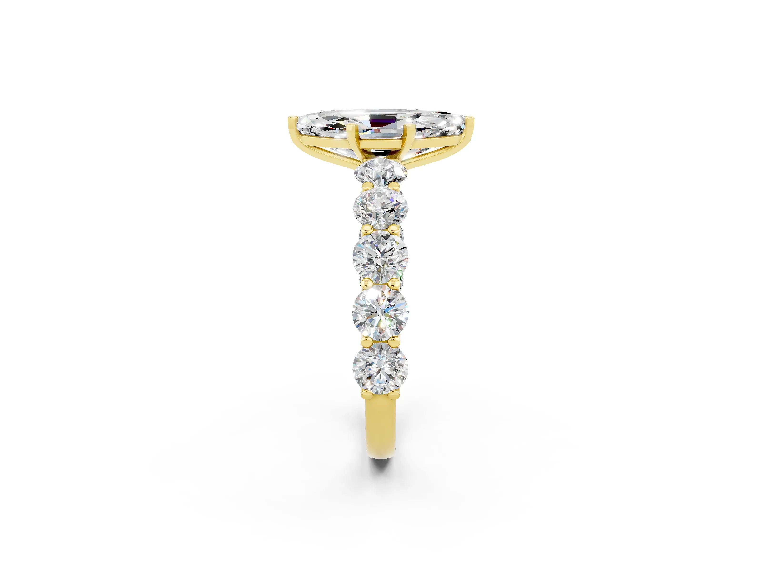 Yellow gold Marquise Cut Moissanite Prong Setting with Side Stones on a Pave Band_2