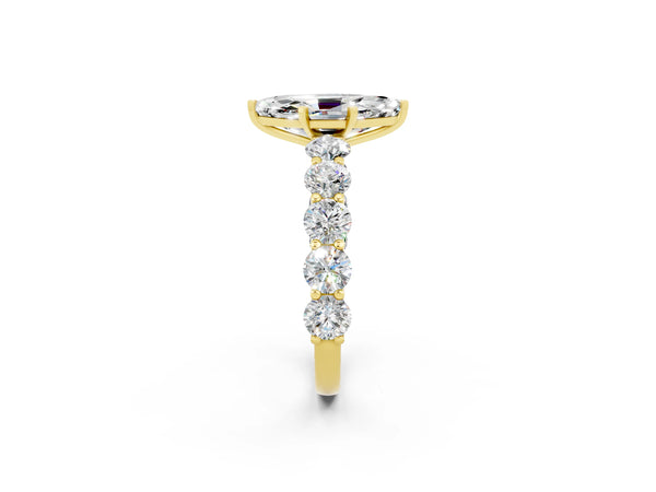 Yellow gold Marquise Cut Moissanite Prong Setting with Side Stones on a Pave Band