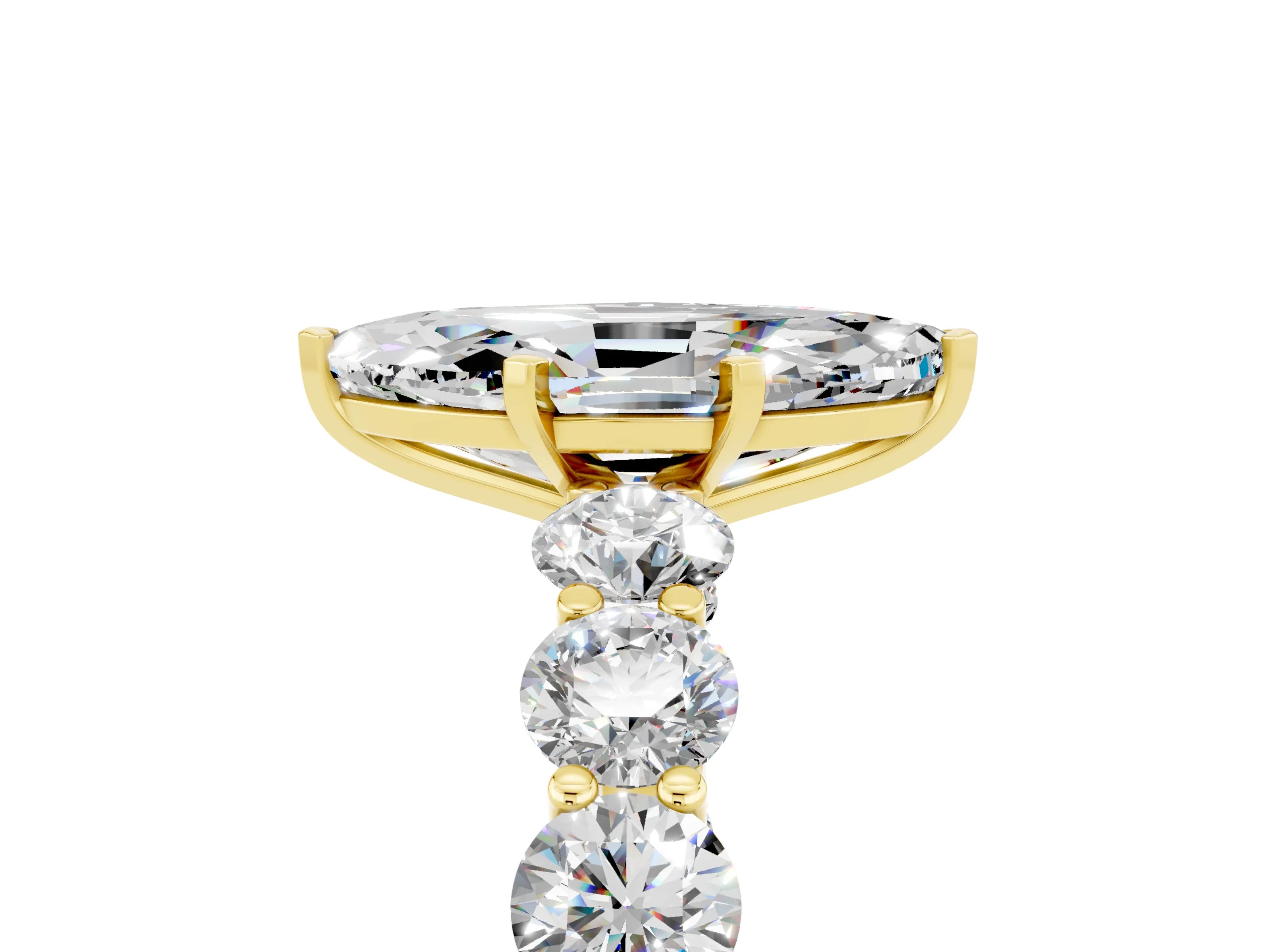 Yellow gold Marquise Cut Moissanite Prong Setting with Side Stones on a Pave Band_5