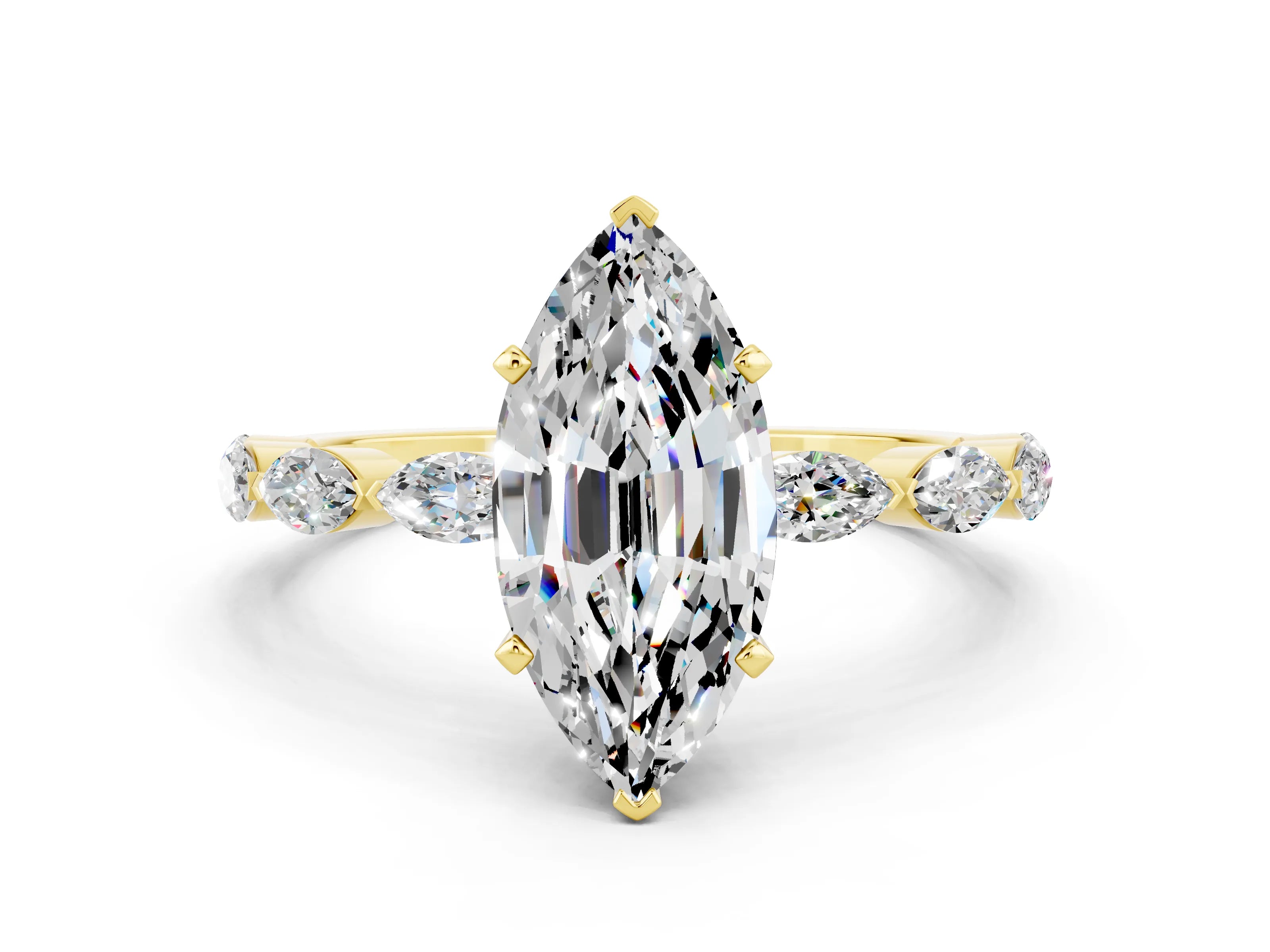 Yellow gold Marquise Cut Moissanite Ring with Marquise Side Stones and Prong Setting
