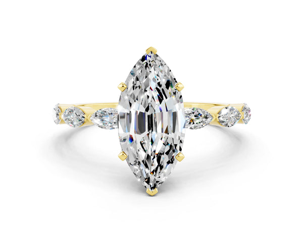 Yellow gold Marquise Cut Moissanite Ring with Marquise Side Stones and Prong Setting