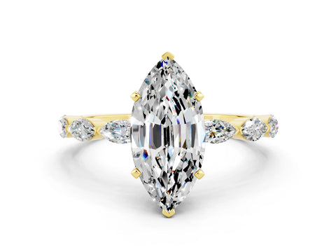 Yellow gold Marquise Cut Moissanite Ring with Marquise Side Stones and Prong Setting