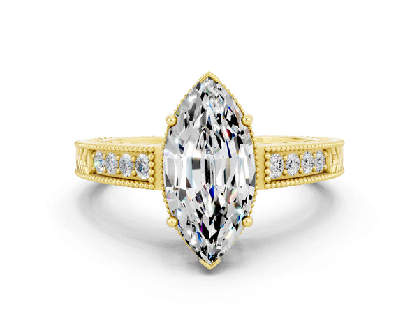 Yellow gold Marquise Cut Moissanite Ring with Milgrain Pavé Band and Four-Prong Setting