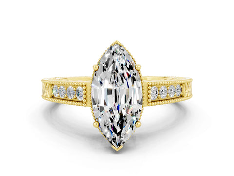 Yellow gold Marquise Cut Moissanite Ring with Milgrain Pavé Band and Four-Prong Setting_12