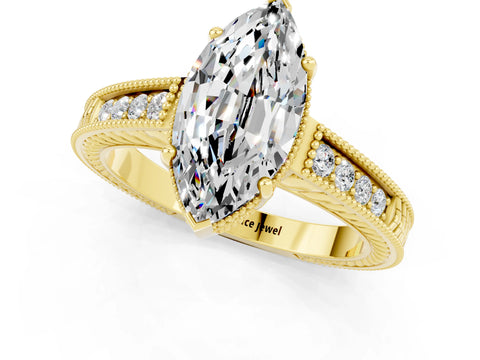 Yellow gold Marquise Cut Moissanite Ring with Milgrain Pavé Band and Four-Prong Setting_13