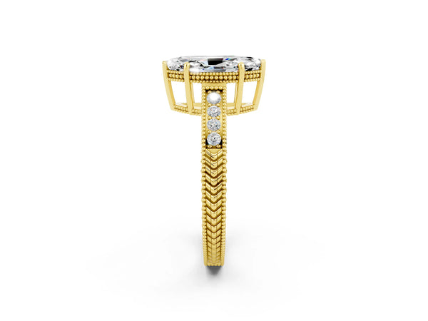 Yellow gold Marquise Cut Moissanite Ring with Milgrain Pavé Band and Four-Prong Setting