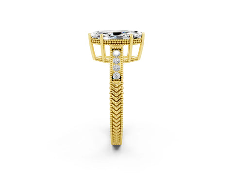 Yellow gold Marquise Cut Moissanite Ring with Milgrain Pavé Band and Four-Prong Setting_14