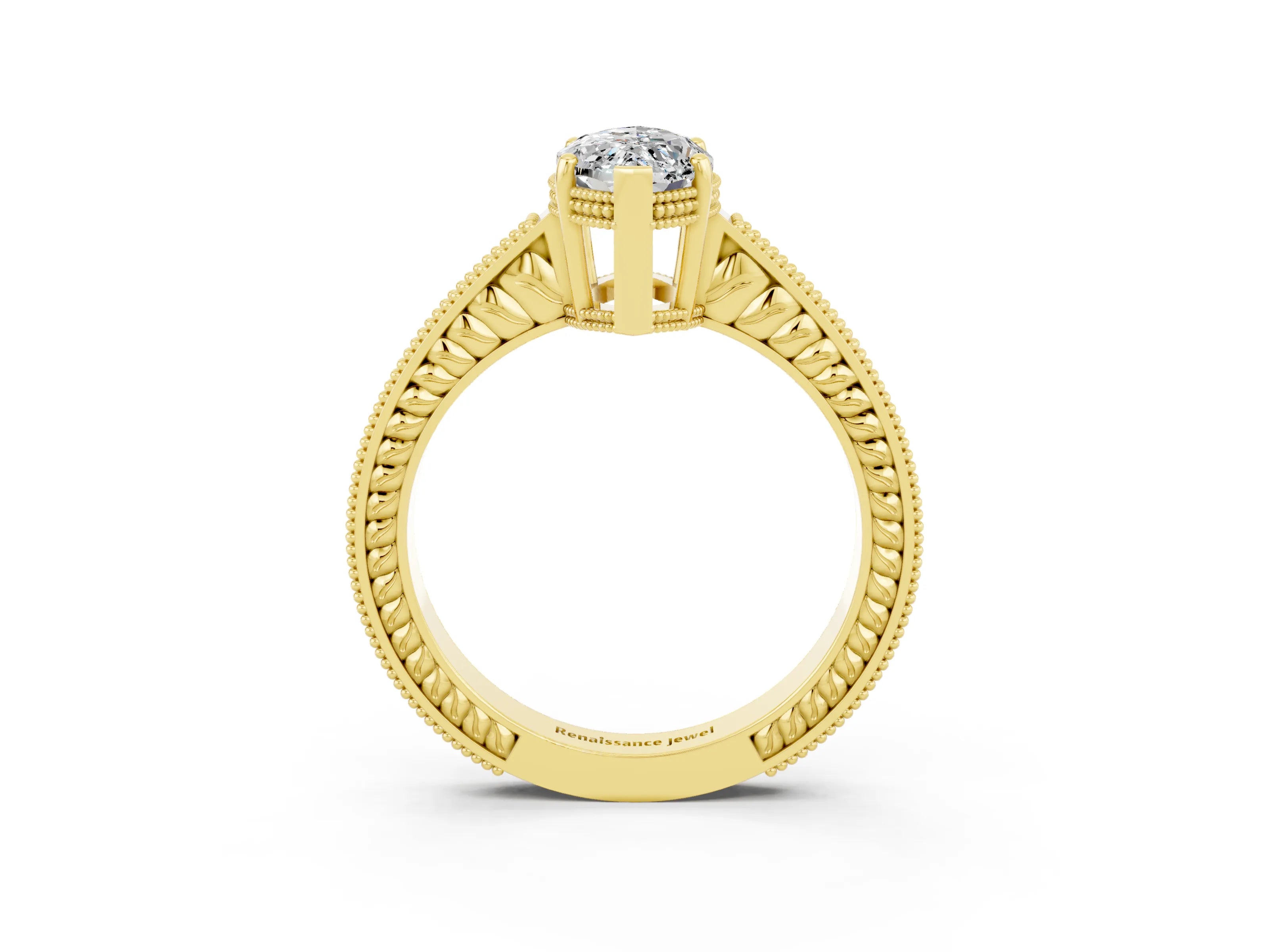 Yellow gold Marquise Cut Moissanite Ring with Milgrain Pavé Band and Four-Prong Setting_15