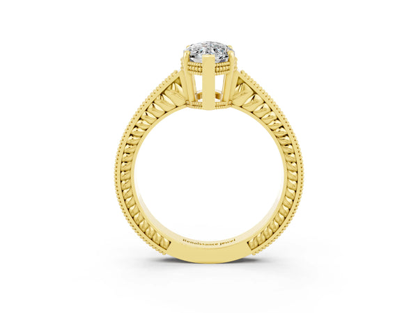 Yellow gold Marquise Cut Moissanite Ring with Milgrain Pavé Band and Four-Prong Setting