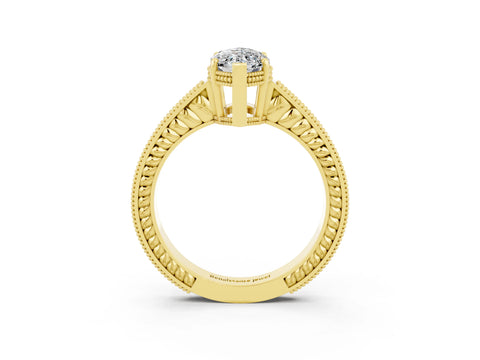 Yellow gold Marquise Cut Moissanite Ring with Milgrain Pavé Band and Four-Prong Setting_15