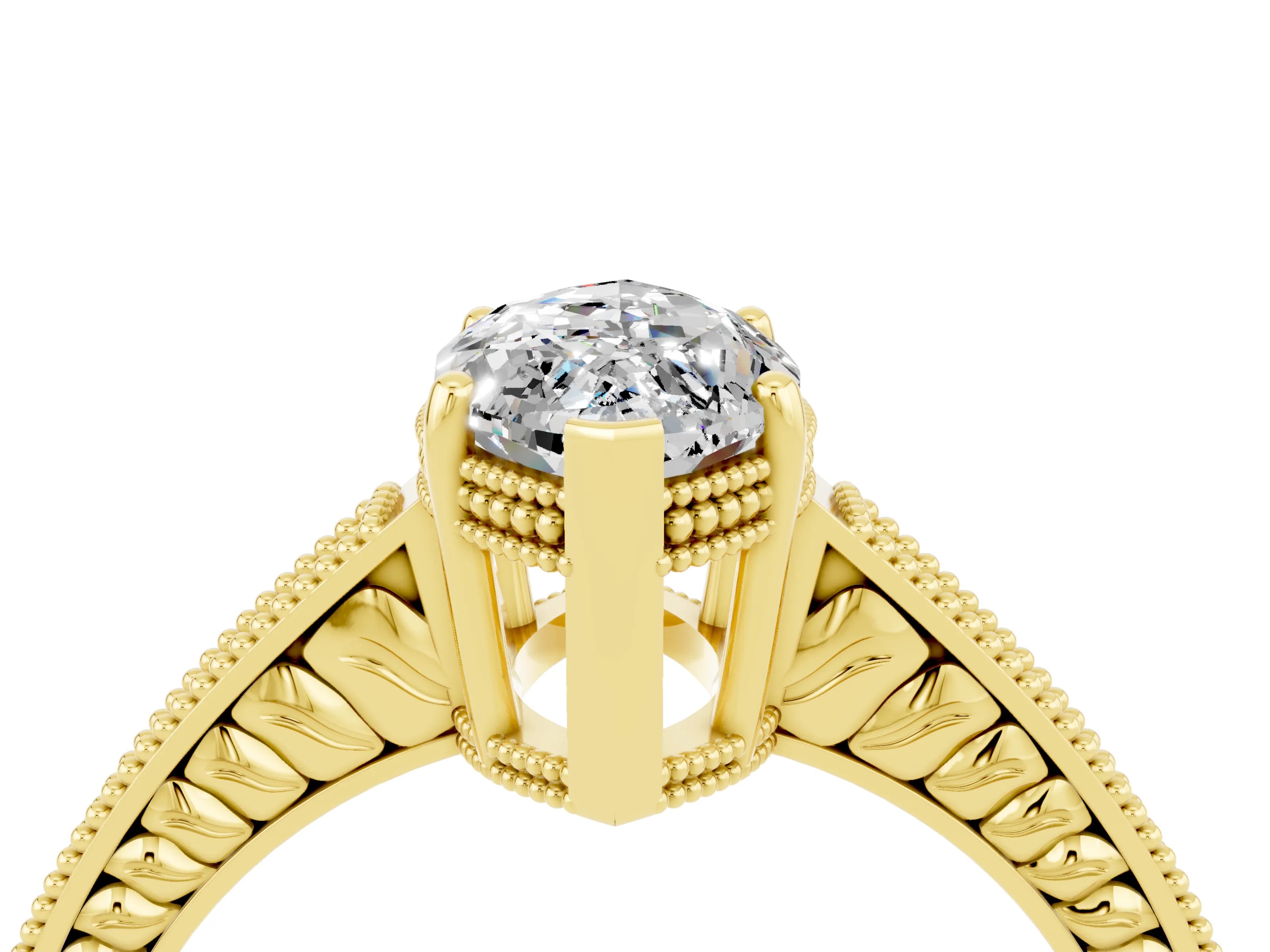 Yellow gold Marquise Cut Moissanite Ring with Milgrain Pavé Band and Four-Prong Setting_16