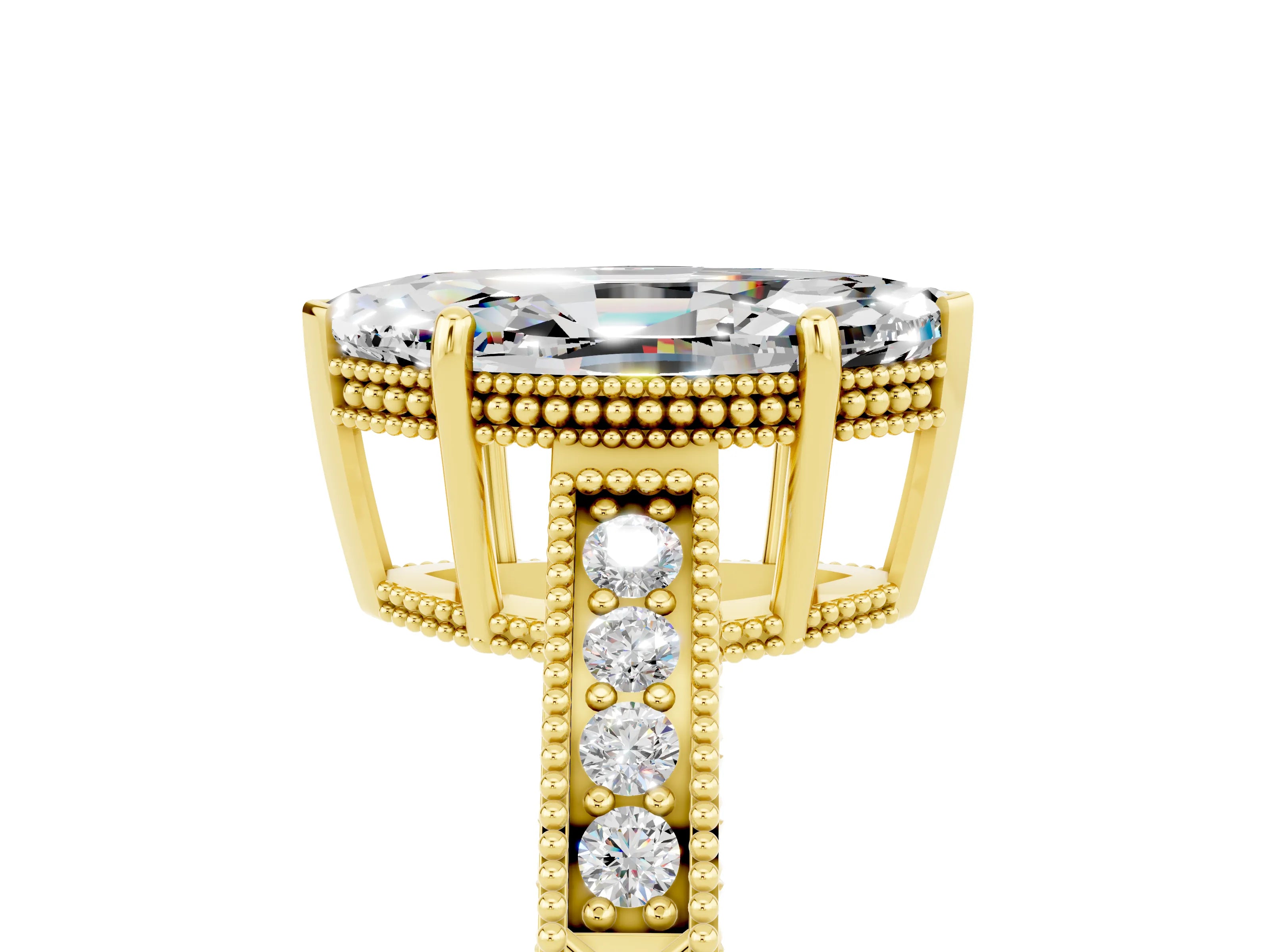 Yellow gold Marquise Cut Moissanite Ring with Milgrain Pavé Band and Four-Prong Setting_17