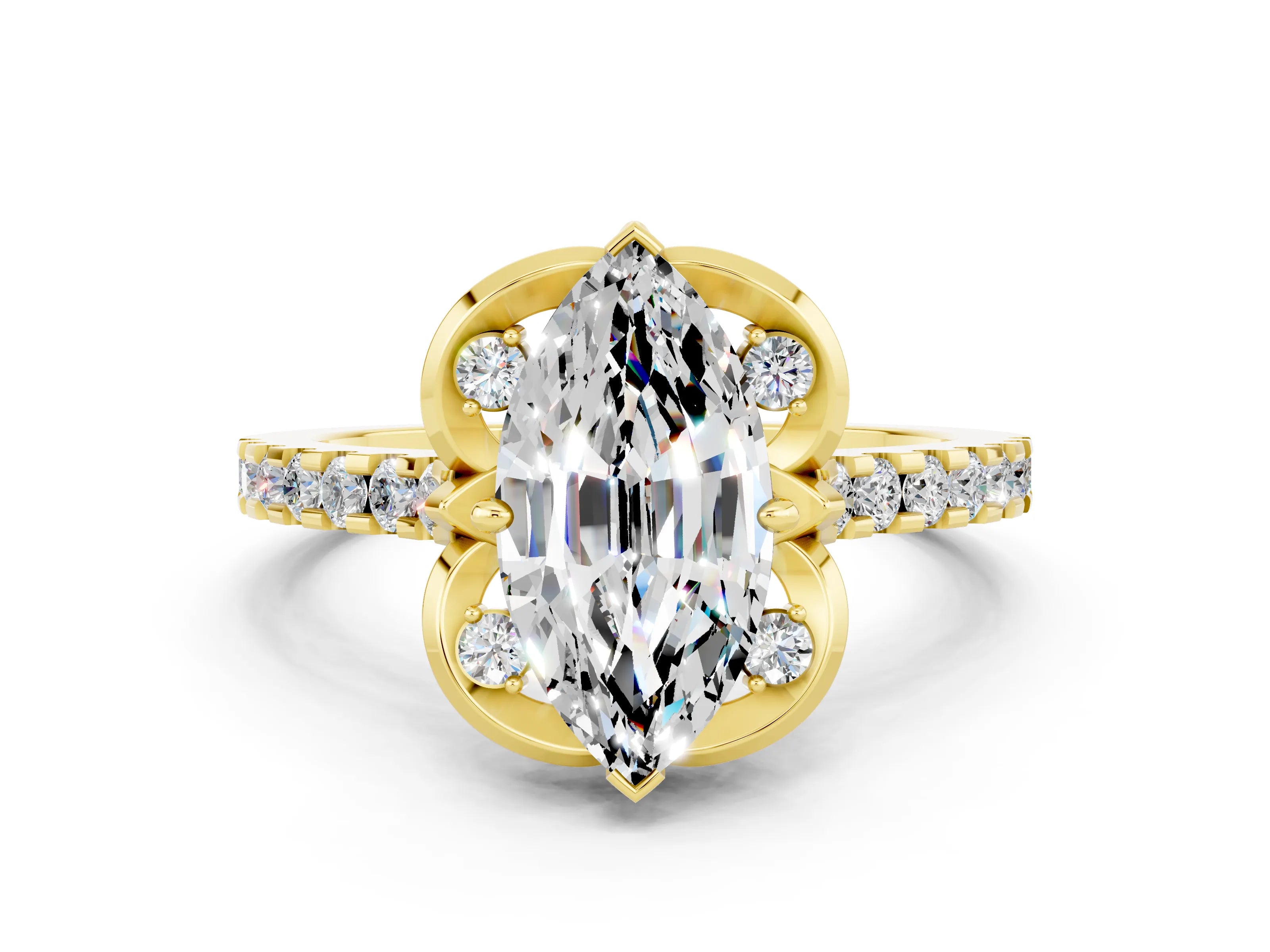Yellow gold Marquise Cut Moissanite Ring with Pavé Band and Floral Prong Setting