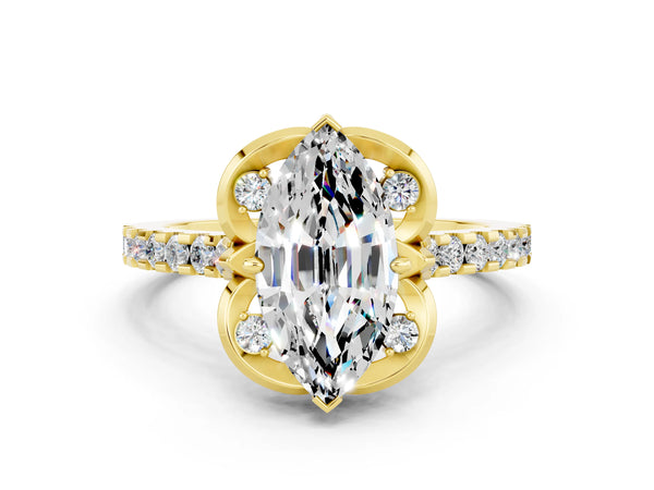 Yellow gold Marquise Cut Moissanite Ring with Pavé Band and Floral Prong Setting
