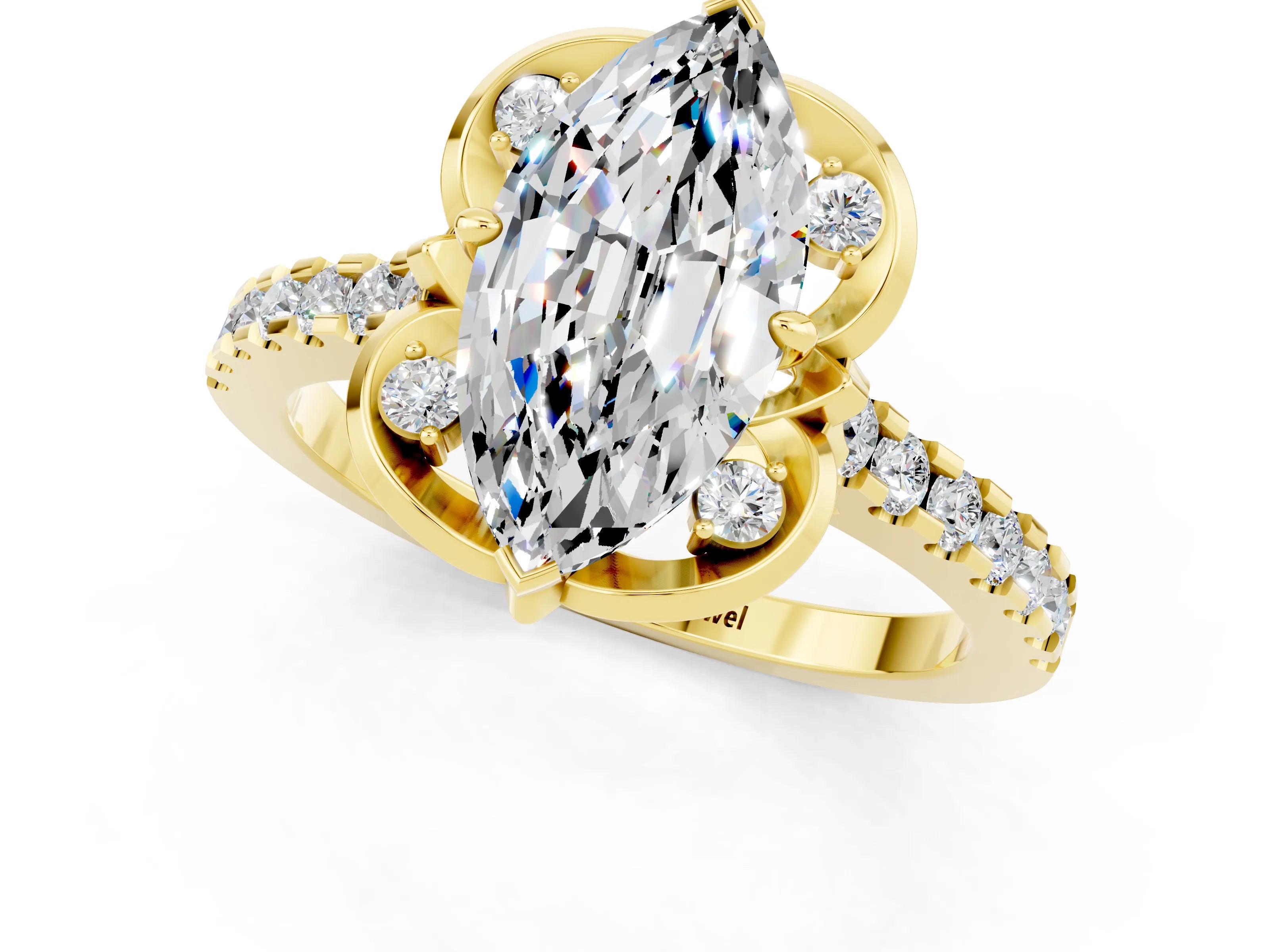 Yellow gold Marquise Cut Moissanite Ring with Pavé Band and Floral Prong Setting_1
