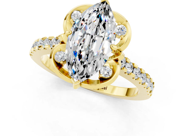 Yellow gold Marquise Cut Moissanite Ring with Pavé Band and Floral Prong Setting