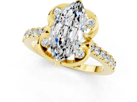 Yellow gold Marquise Cut Moissanite Ring with Pavé Band and Floral Prong Setting_1