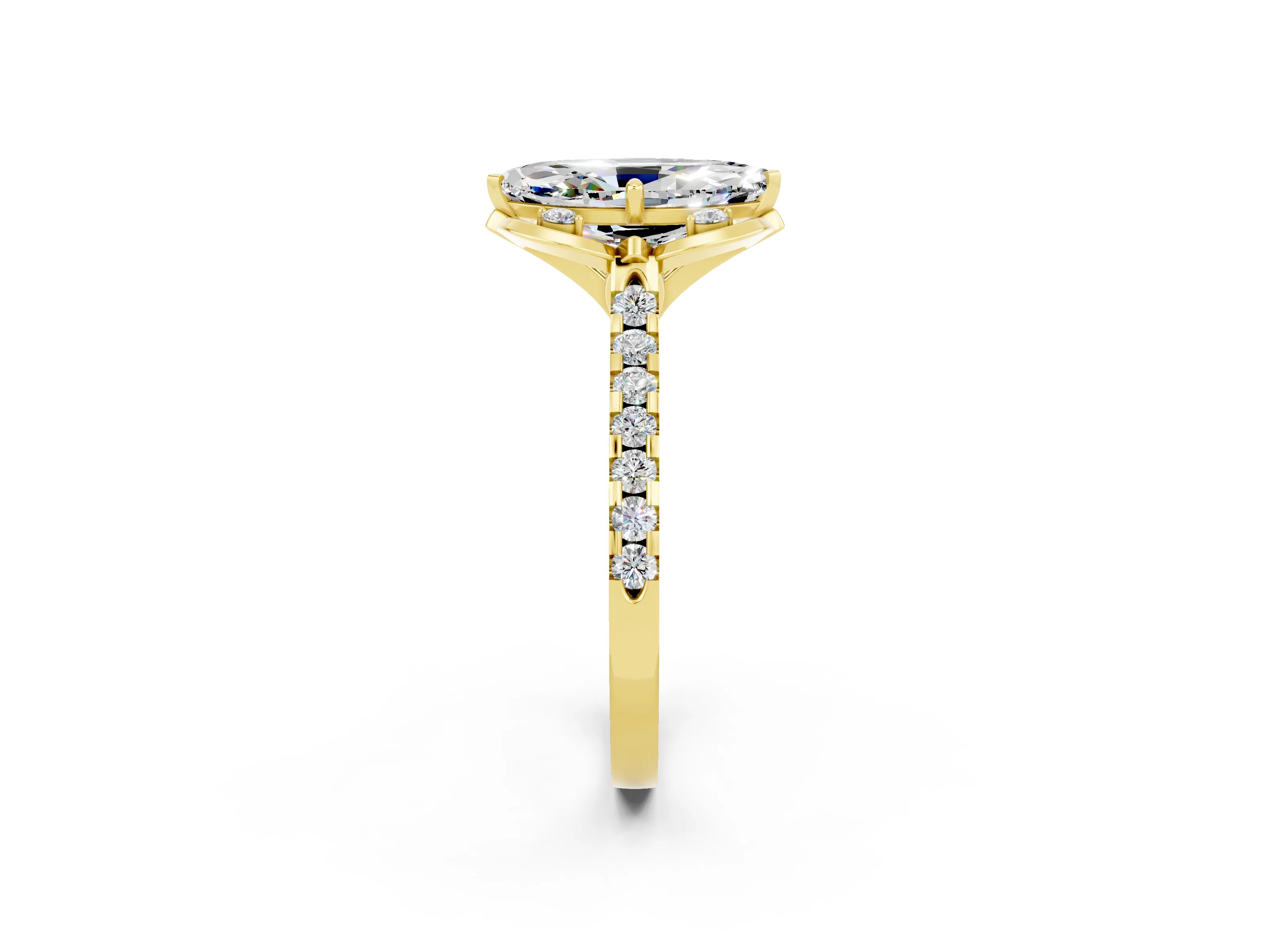 Yellow gold Marquise Cut Moissanite Ring with Pavé Band and Floral Prong Setting_2