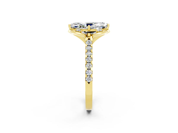 Yellow gold Marquise Cut Moissanite Ring with Pavé Band and Floral Prong Setting