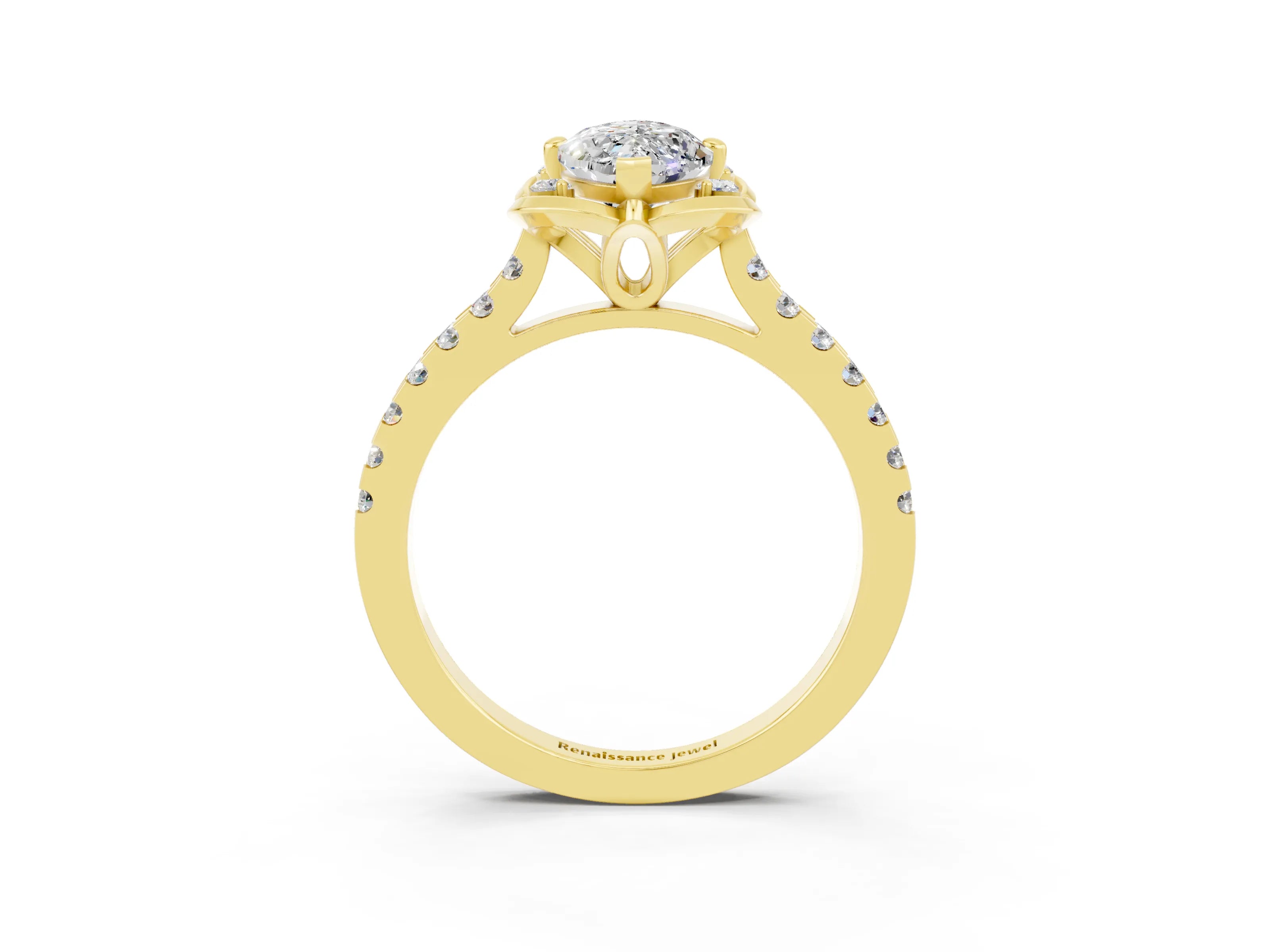 Yellow gold Marquise Cut Moissanite Ring with Pavé Band and Floral Prong Setting_3