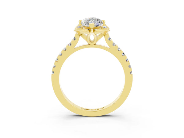Yellow gold Marquise Cut Moissanite Ring with Pavé Band and Floral Prong Setting