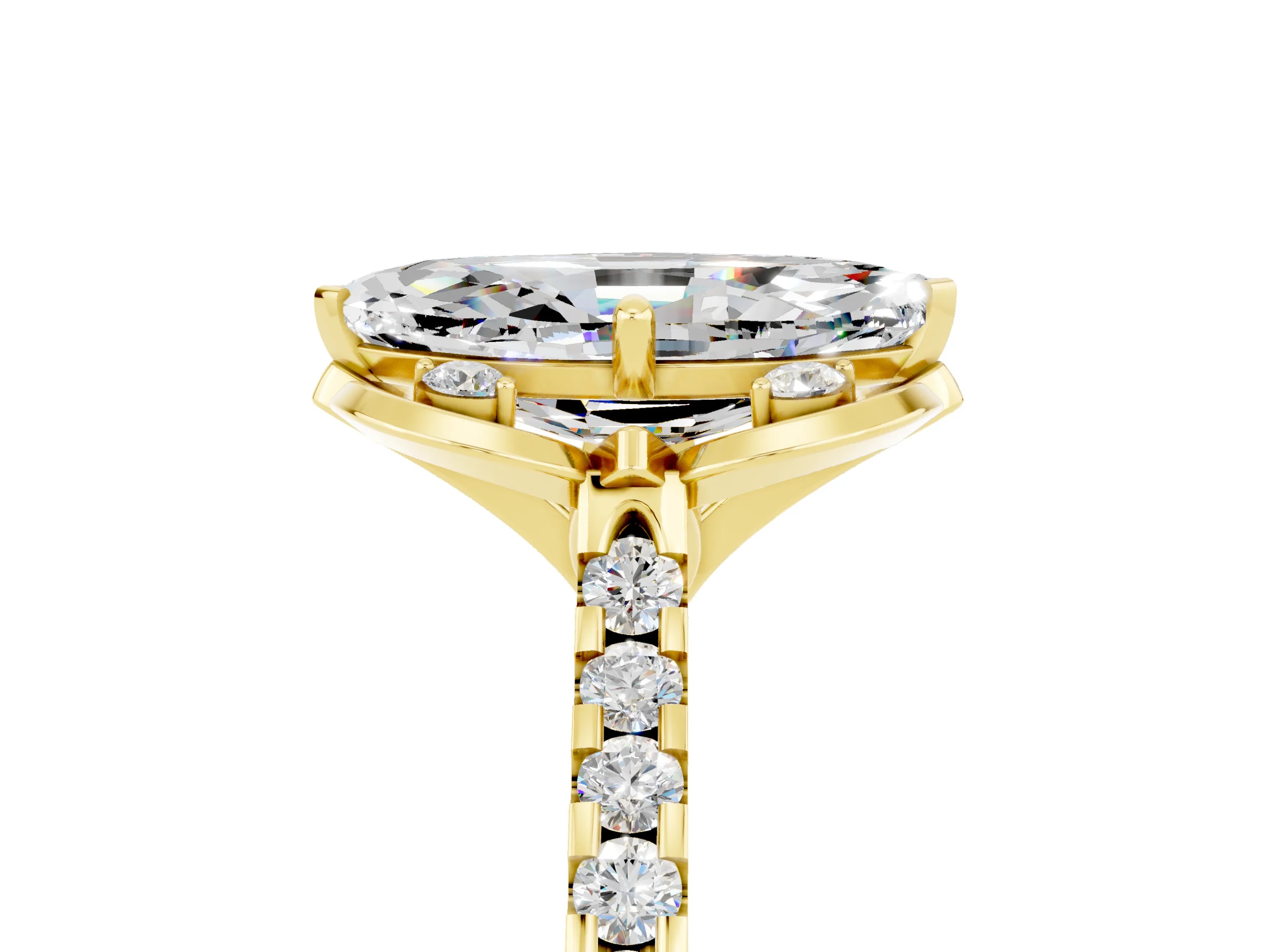 Yellow gold Marquise Cut Moissanite Ring with Pavé Band and Floral Prong Setting_5