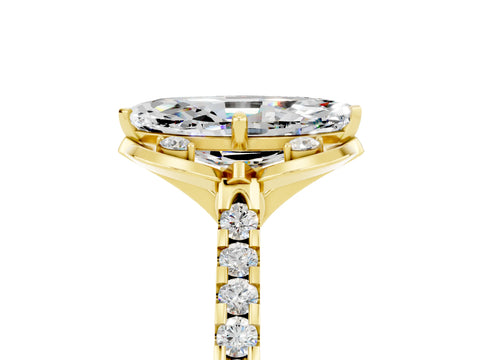 Yellow gold Marquise Cut Moissanite Ring with Pavé Band and Floral Prong Setting_5