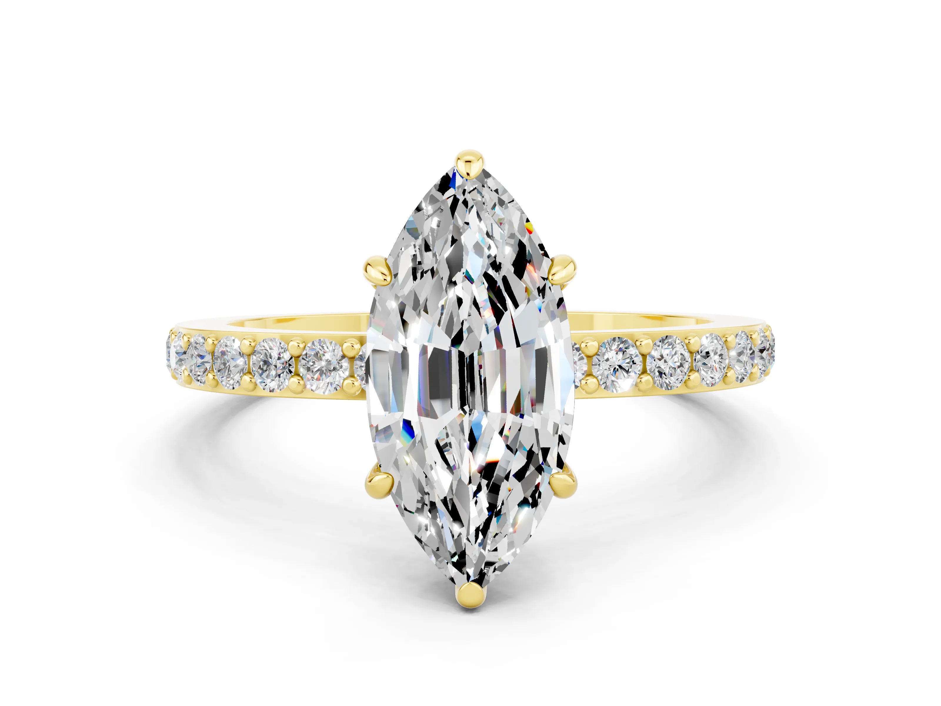 Yellow gold Marquise Cut Moissanite Ring with Pavé Band and Four-Prong Setting