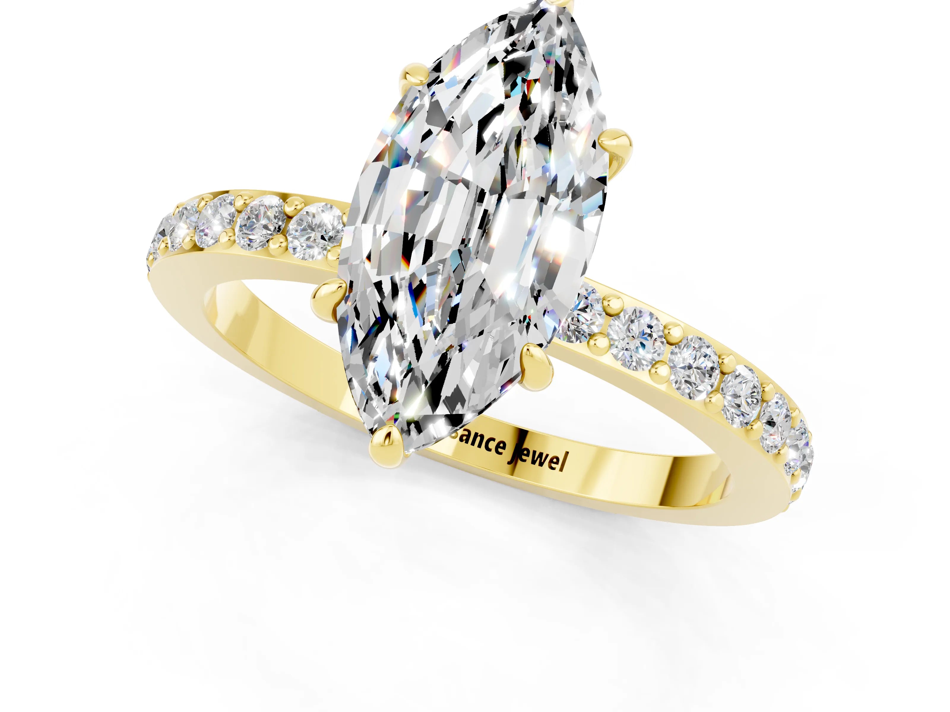Yellow gold Marquise Cut Moissanite Ring with Pavé Band and Four-Prong Setting_1
