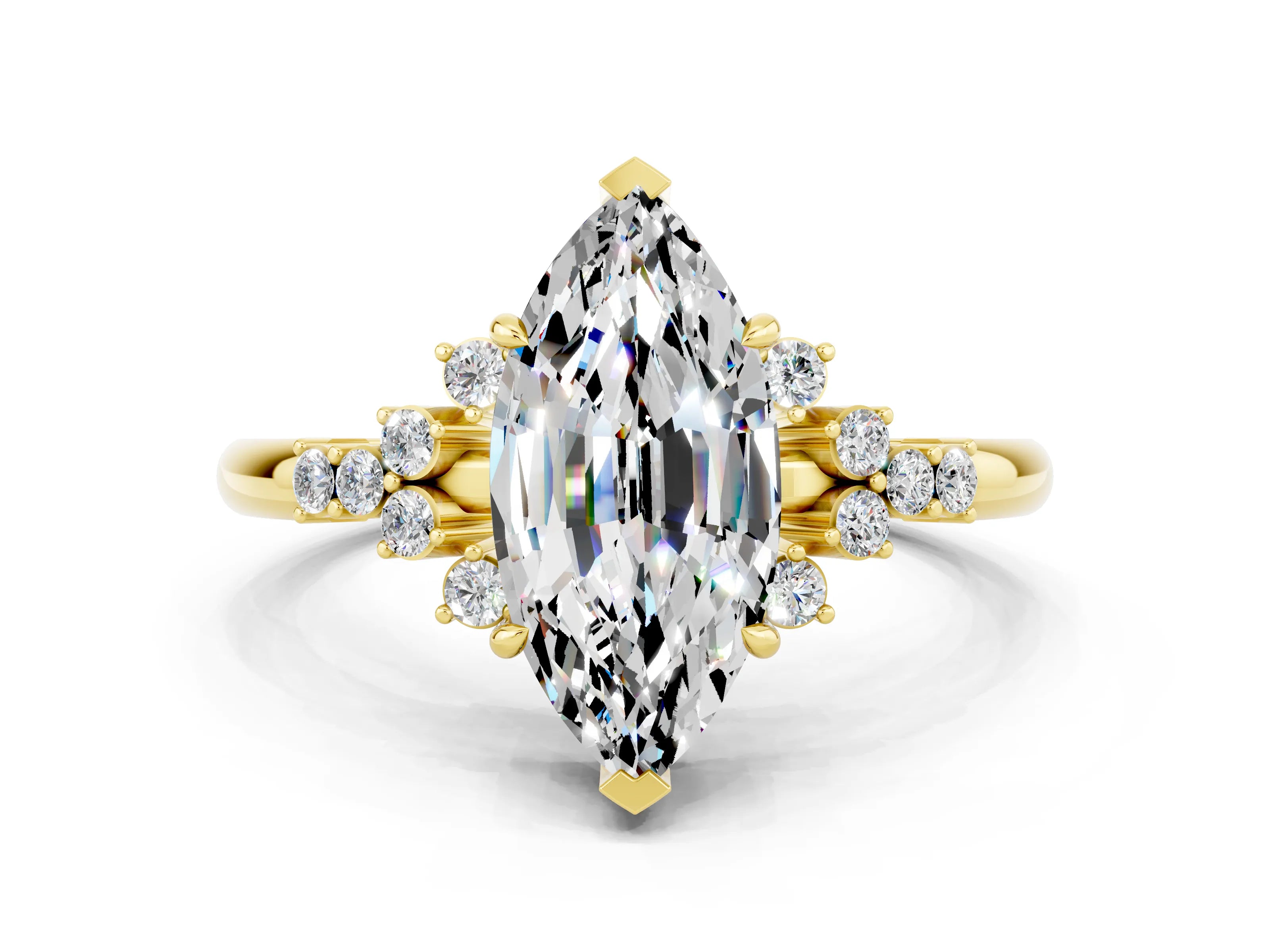 Yellow gold Marquise Cut Moissanite Ring with Side Stones and Four-Prong Setting_36