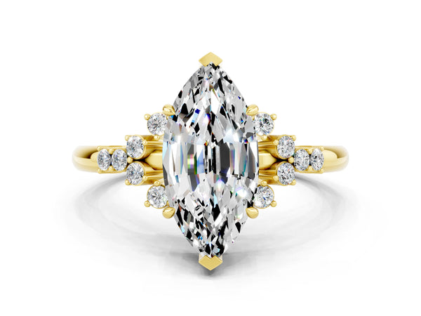 Yellow gold Marquise Cut Moissanite Ring with Side Stones and Four-Prong Setting