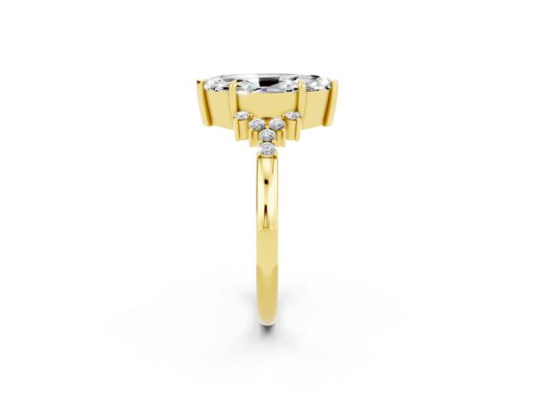 Yellow gold Marquise Cut Moissanite Ring with Side Stones and Four-Prong Setting