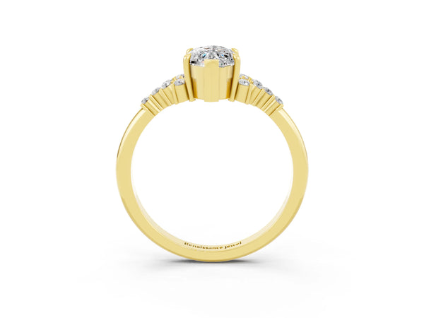 Yellow gold Marquise Cut Moissanite Ring with Side Stones and Four-Prong Setting