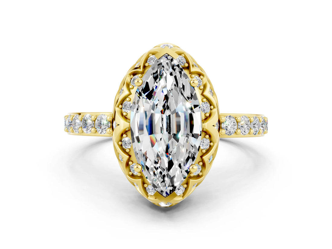 Yellow gold Marquise Cut Moissanite Scalloped Halo Engagement Ring with Round Shared Prong Band_12