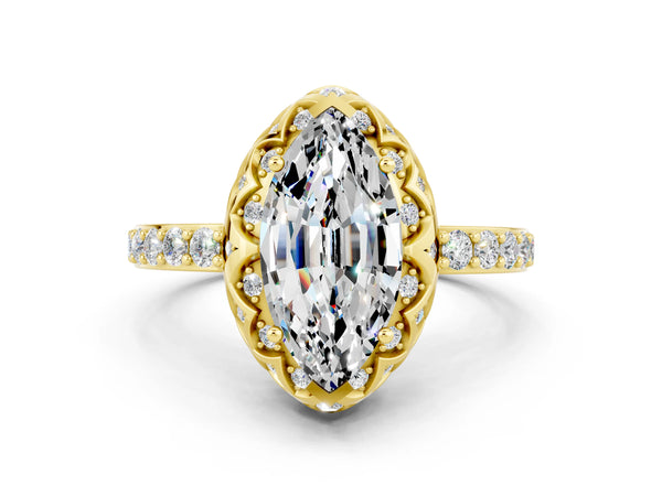 Yellow gold Marquise Cut Moissanite Scalloped Halo Engagement Ring with Round Shared Prong Band