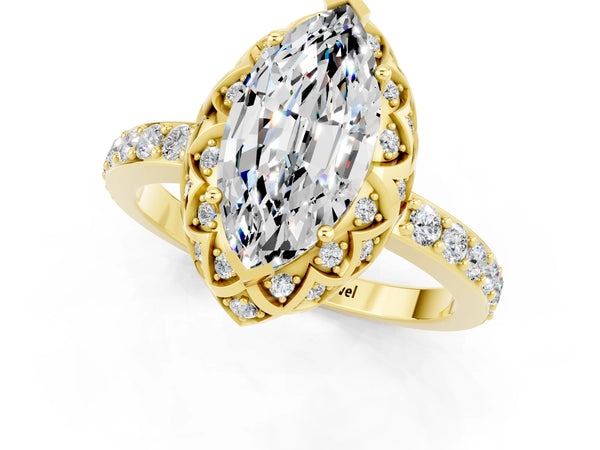 Yellow gold Marquise Cut Moissanite Scalloped Halo Engagement Ring with Round Shared Prong Band